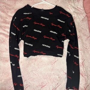Black Long Sleeve Crop Top with Red and White Text